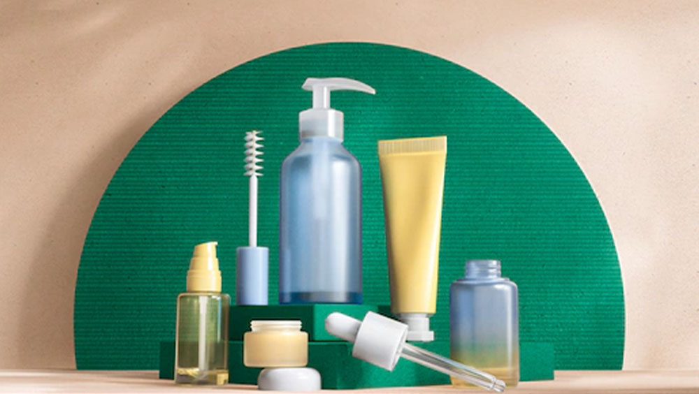 Makeup on a green and beige background